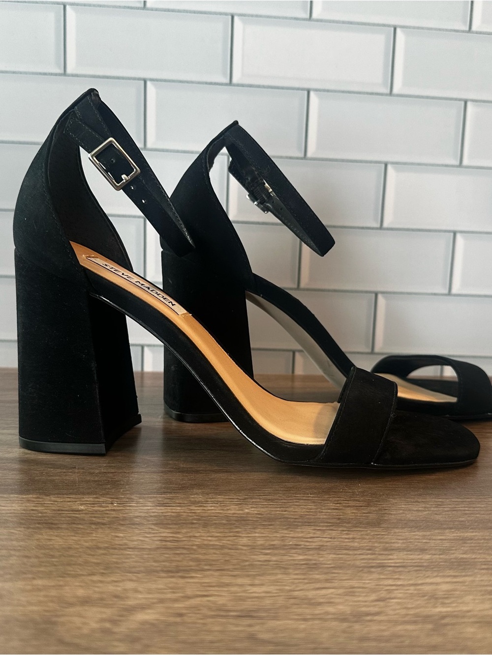 Steve Madden Black Suede Ankle-Strap Block Heels -Women size 8.5